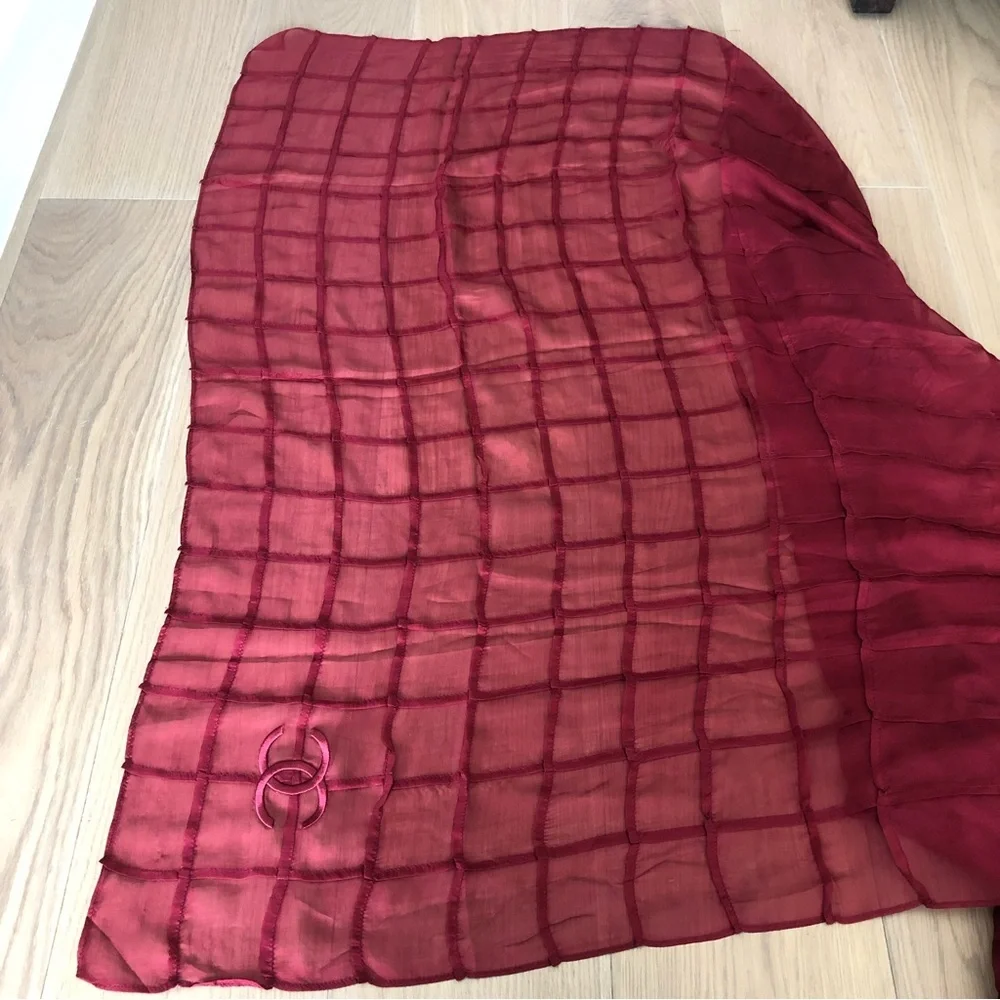 Chanel Silk Long Scarf Maroon Red Grid CC Logo Sheer | Authentic Designer